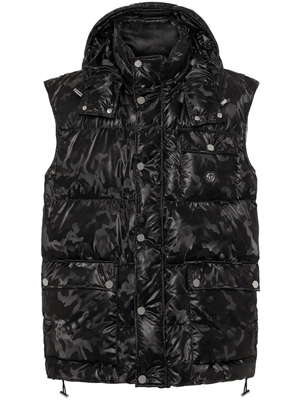 Camouflage-print hooded puffer gilet - Black