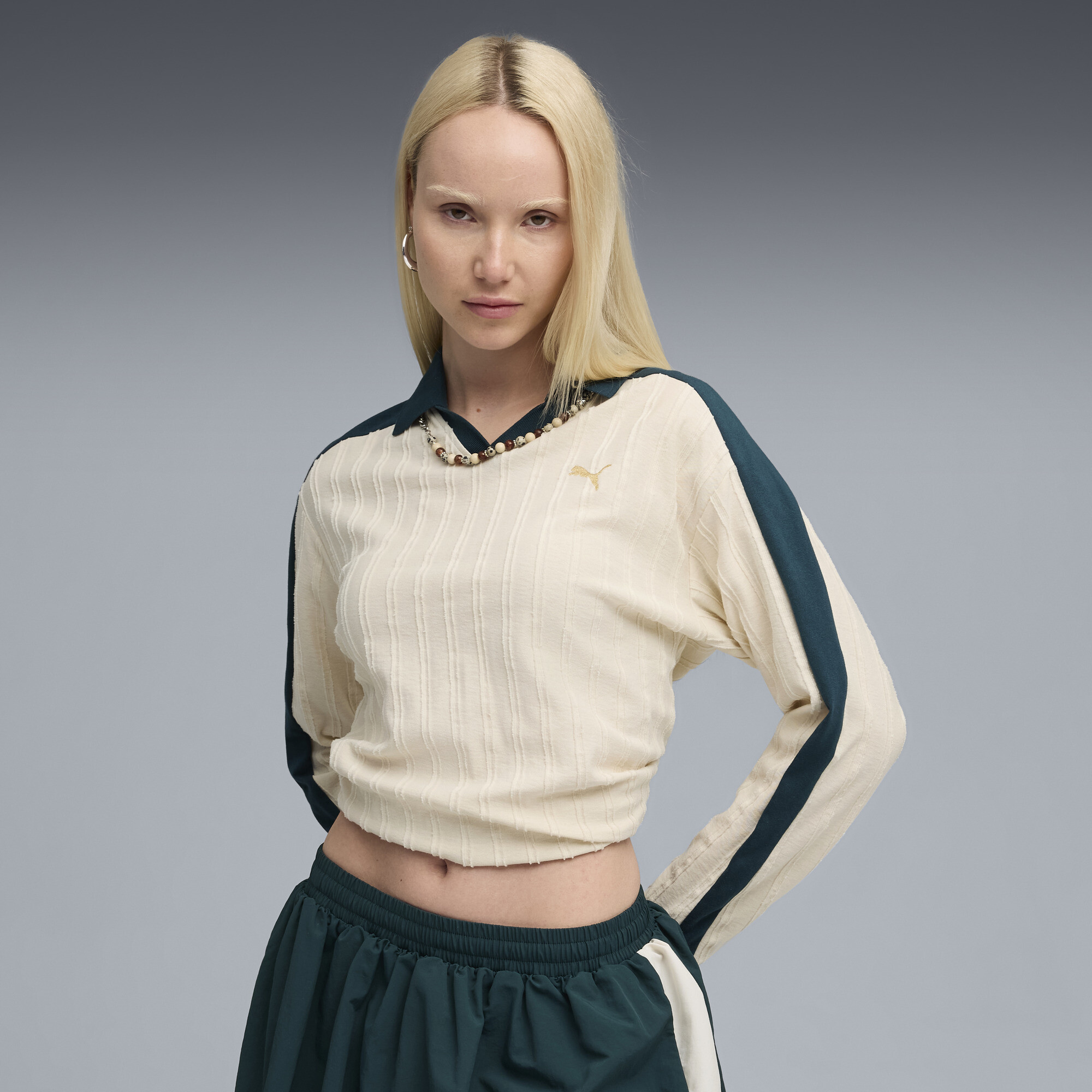 PUMA T7 Women's Relaxed Long Sleeve Polo Shirt in White