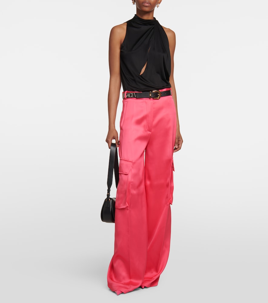 Cutout turtleneck satin top