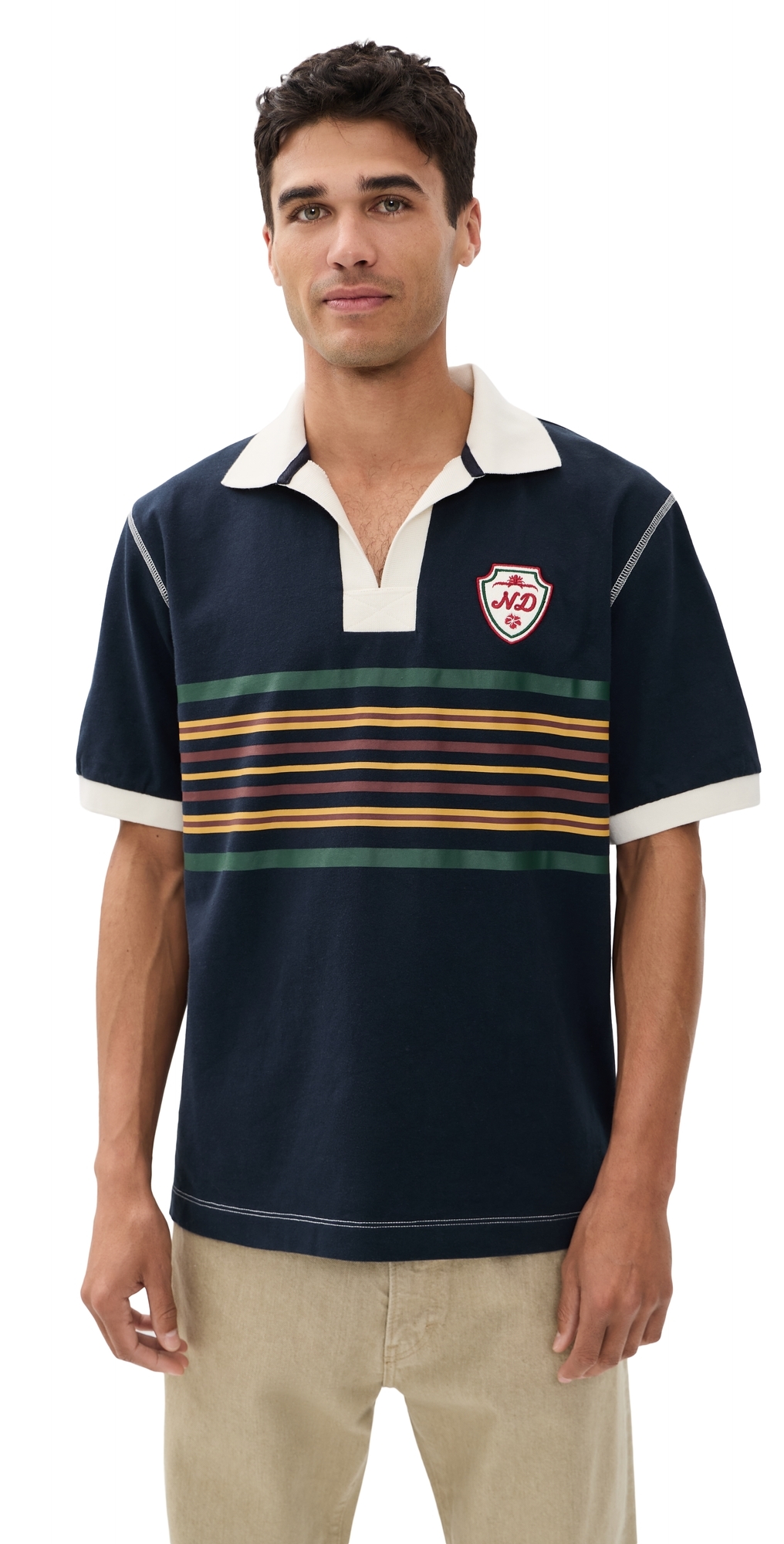 Short Sleeve Striped Rugby Polo Navy