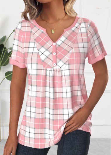 Modlily Light Pink Patchwork Plaid Short Sleeve T Shirt