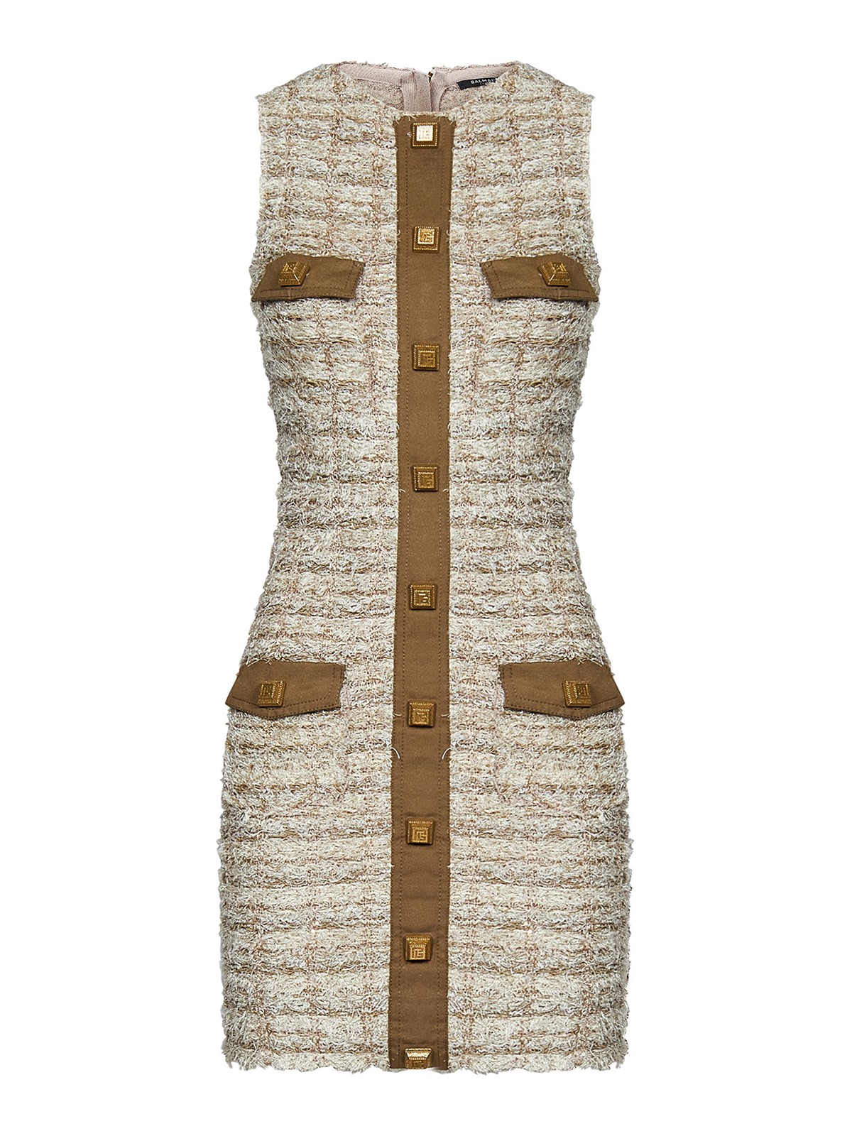 Beige tweed sleeveless crew necks