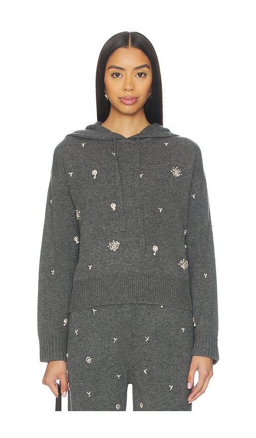 SIMKHAI Karmen Embellished Hooded Top in Charcoal. L. Also in XS