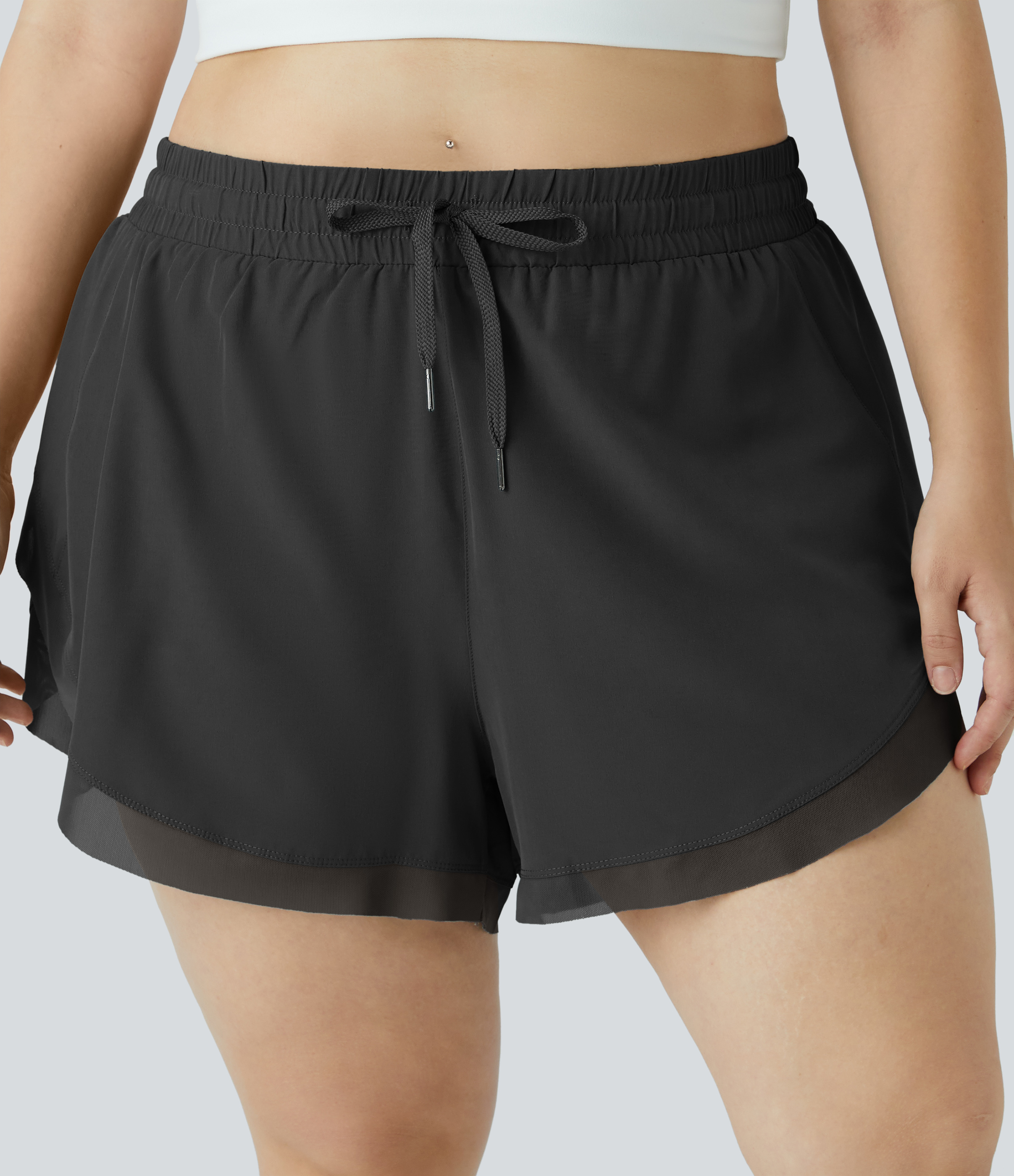 "Drawstring Contrast Mesh 2-in-1 Plus Size Shorts 4"" Gym Short - Black