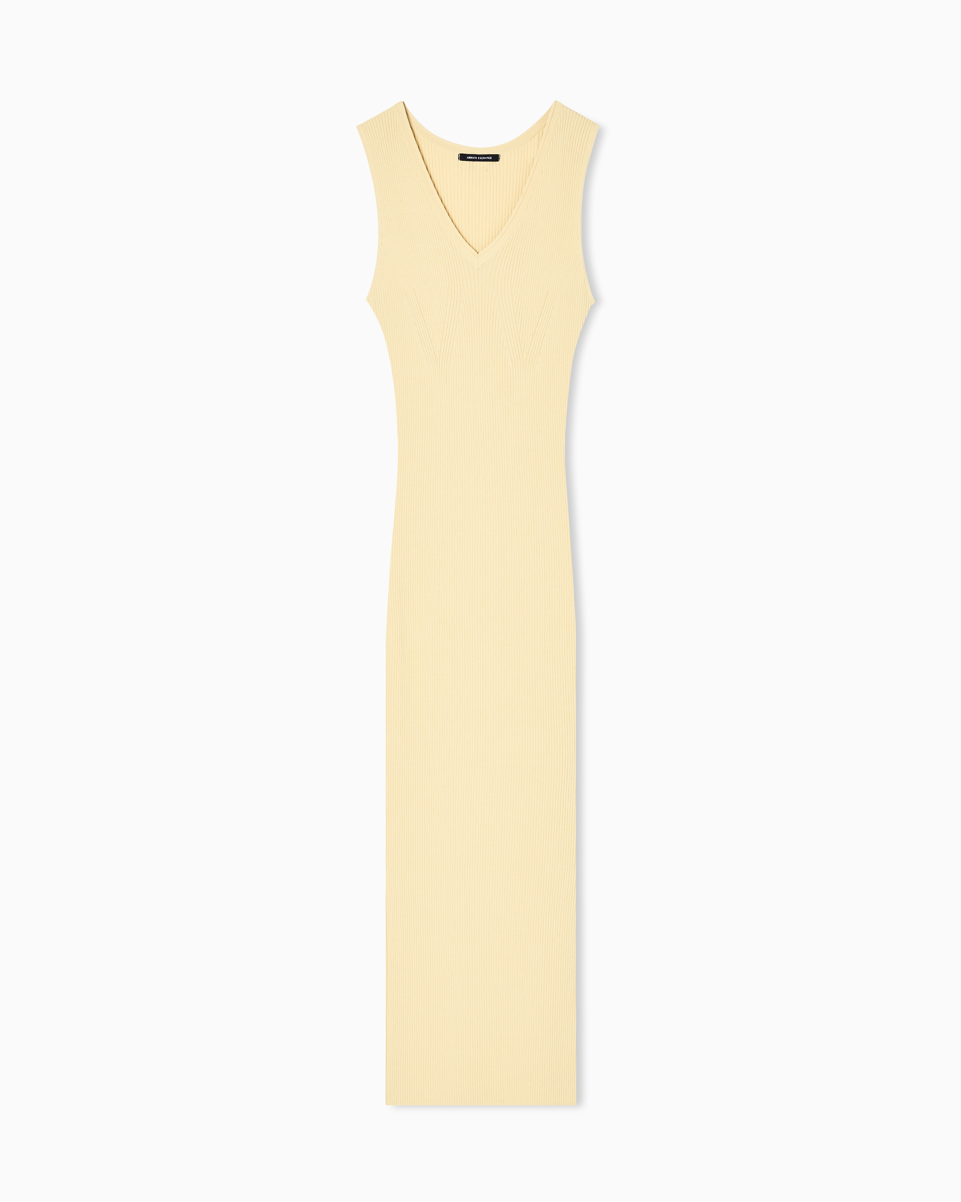 Long dress in openwork knit with V-neck