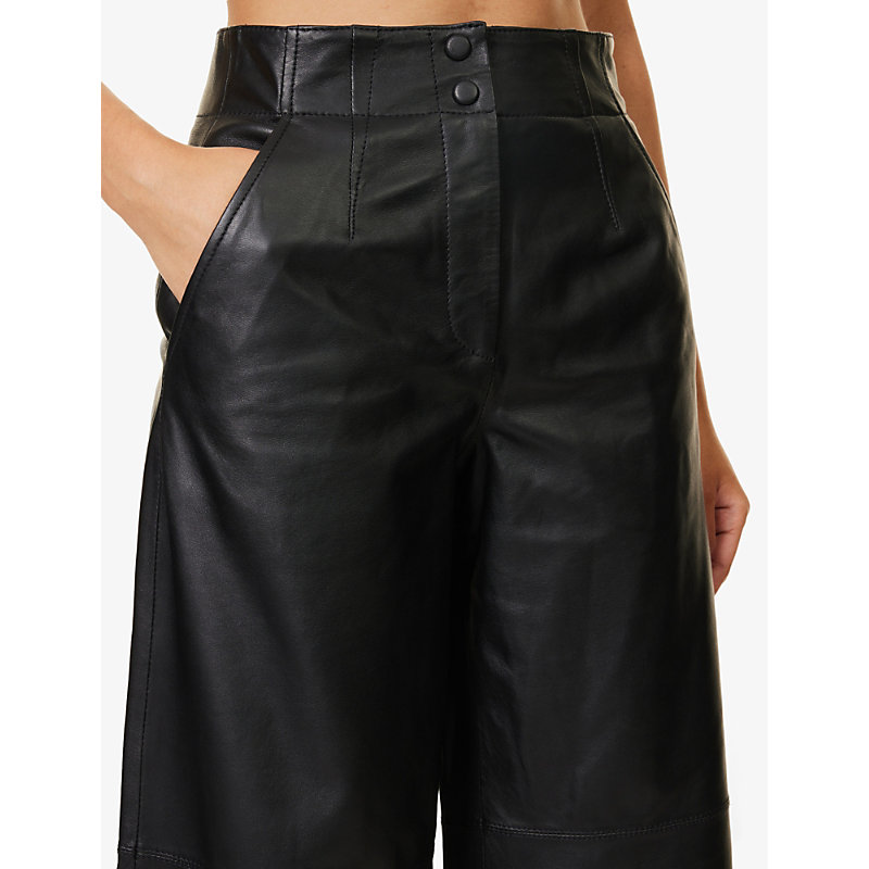 Womens Black Mid-rise Wide-leg Leather Trousers