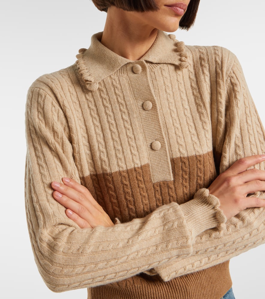 Chloé Cable-knit ruffled wool and cashmere polo sweater