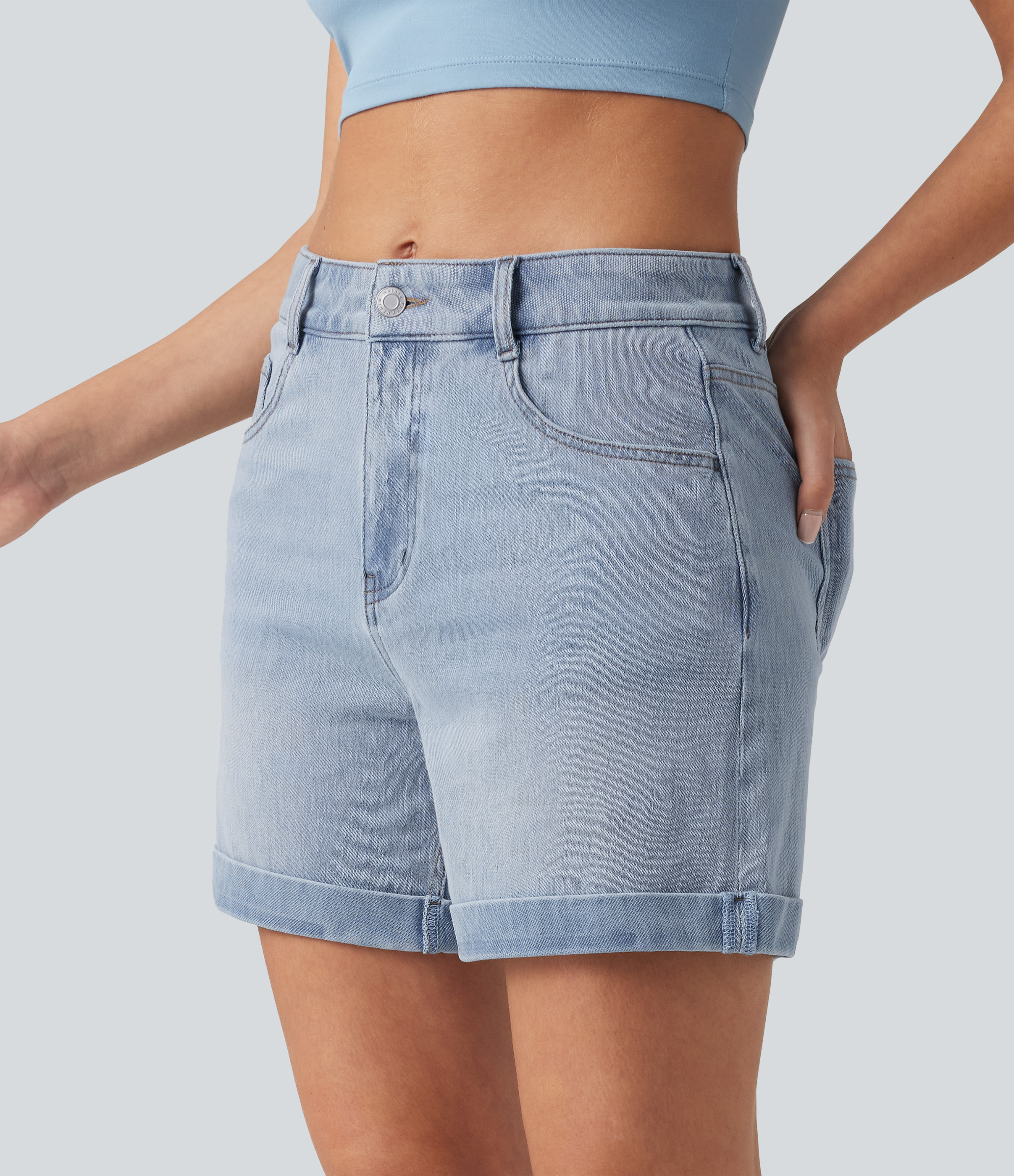 Flex™ Mid Rise Rolled Hem Denim Casual Shorts 5'' with Pockets  - Baltic Sea Blue Denim