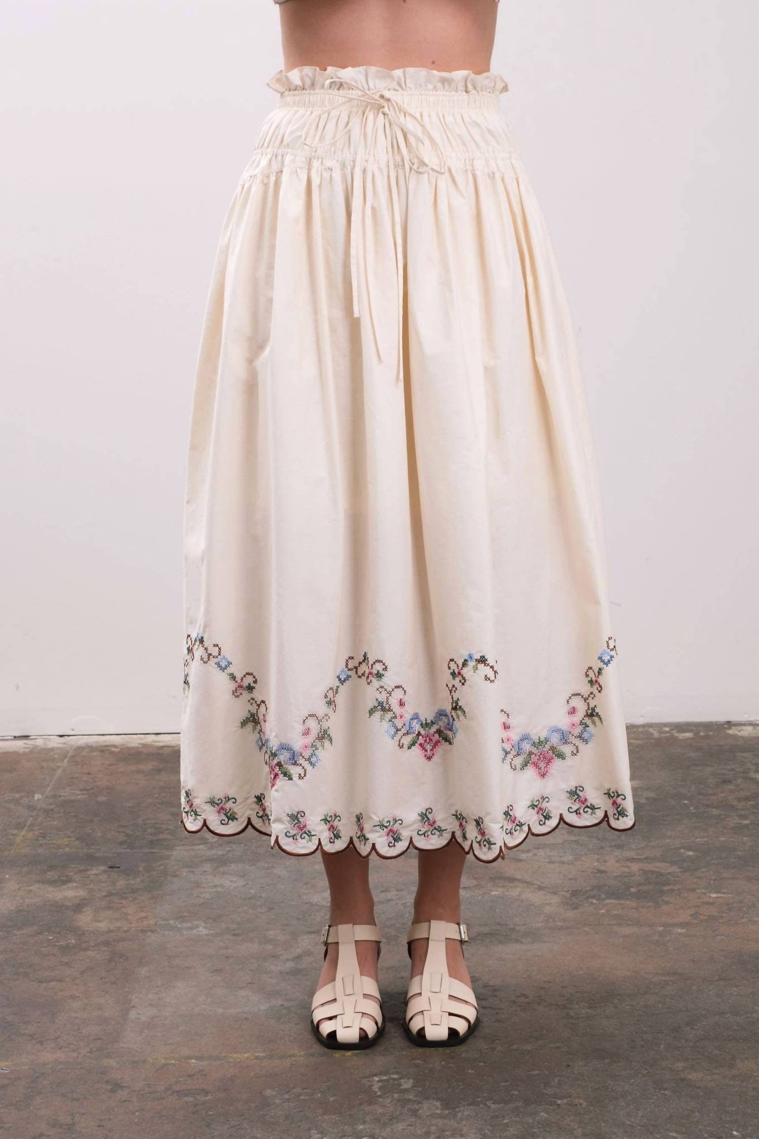 Embroidered Eyelet Floral Hem Midi Skirt In Cream