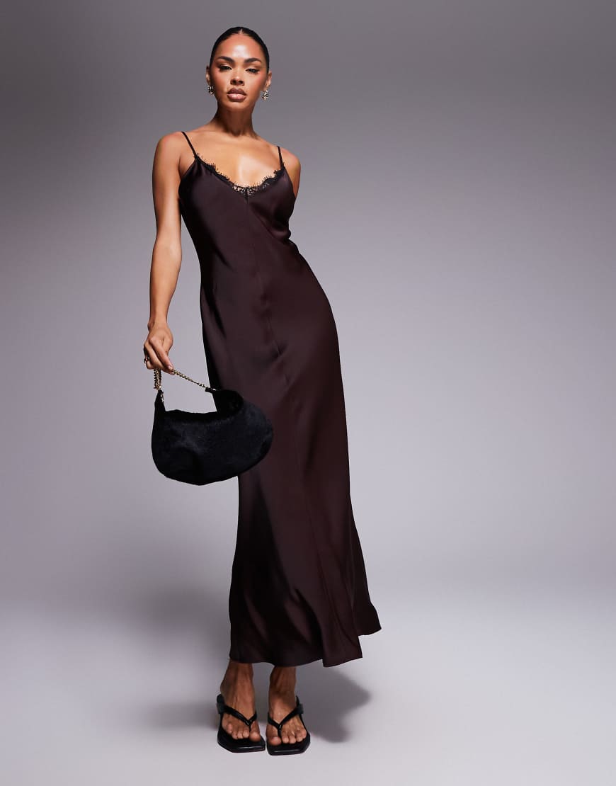 V neck lace trim satin slip maxi dress in chocolate-Brown