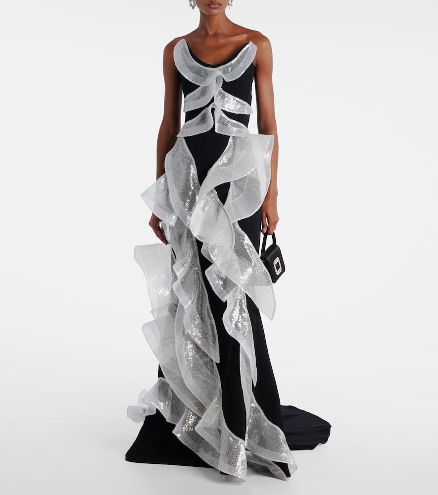 Refraction sequined ruffled gown