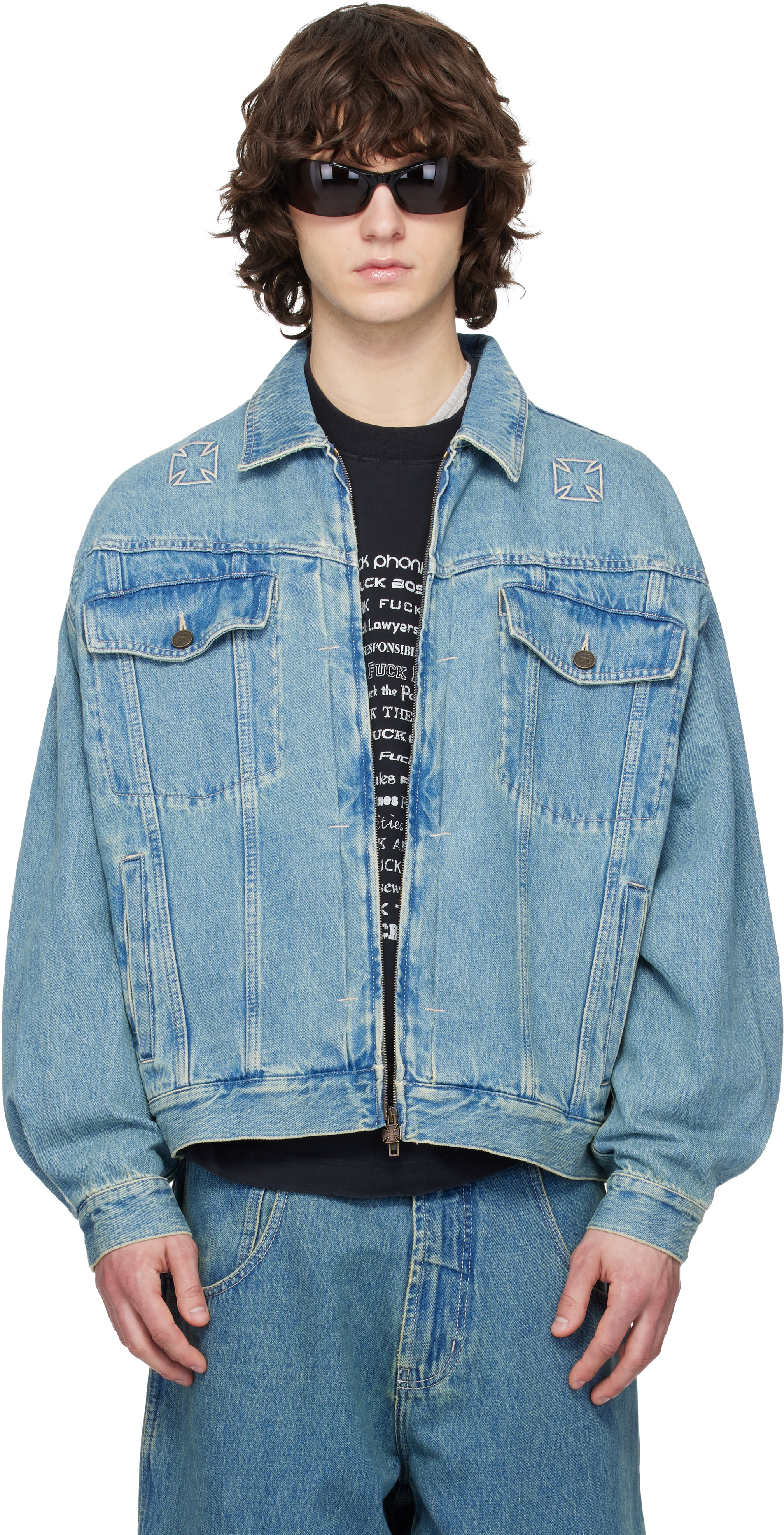Blue Biker Crosses Denim Jacket