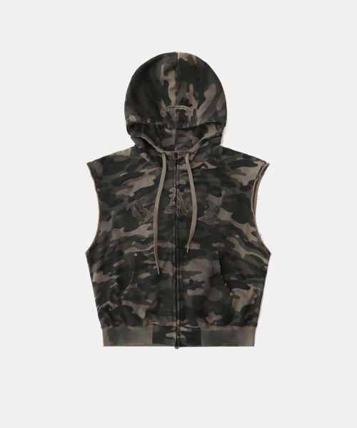 Curved Logo Sleeveless Hoodie Zip-Up