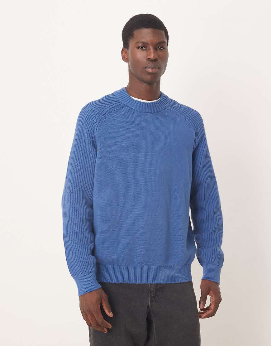 Textured knitted rib jumper with raglan sleeves in blue