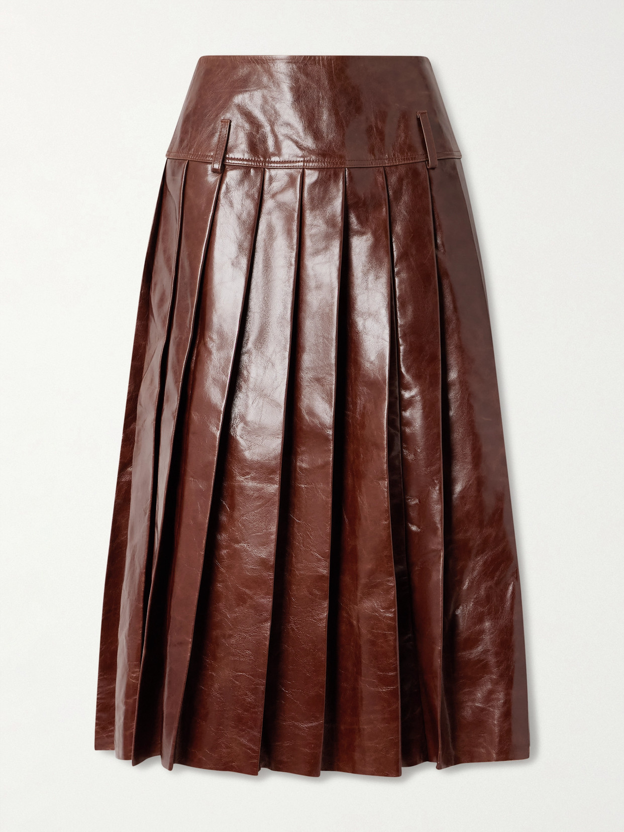 Pleated Glossed-leather Midi Skirt - Brown