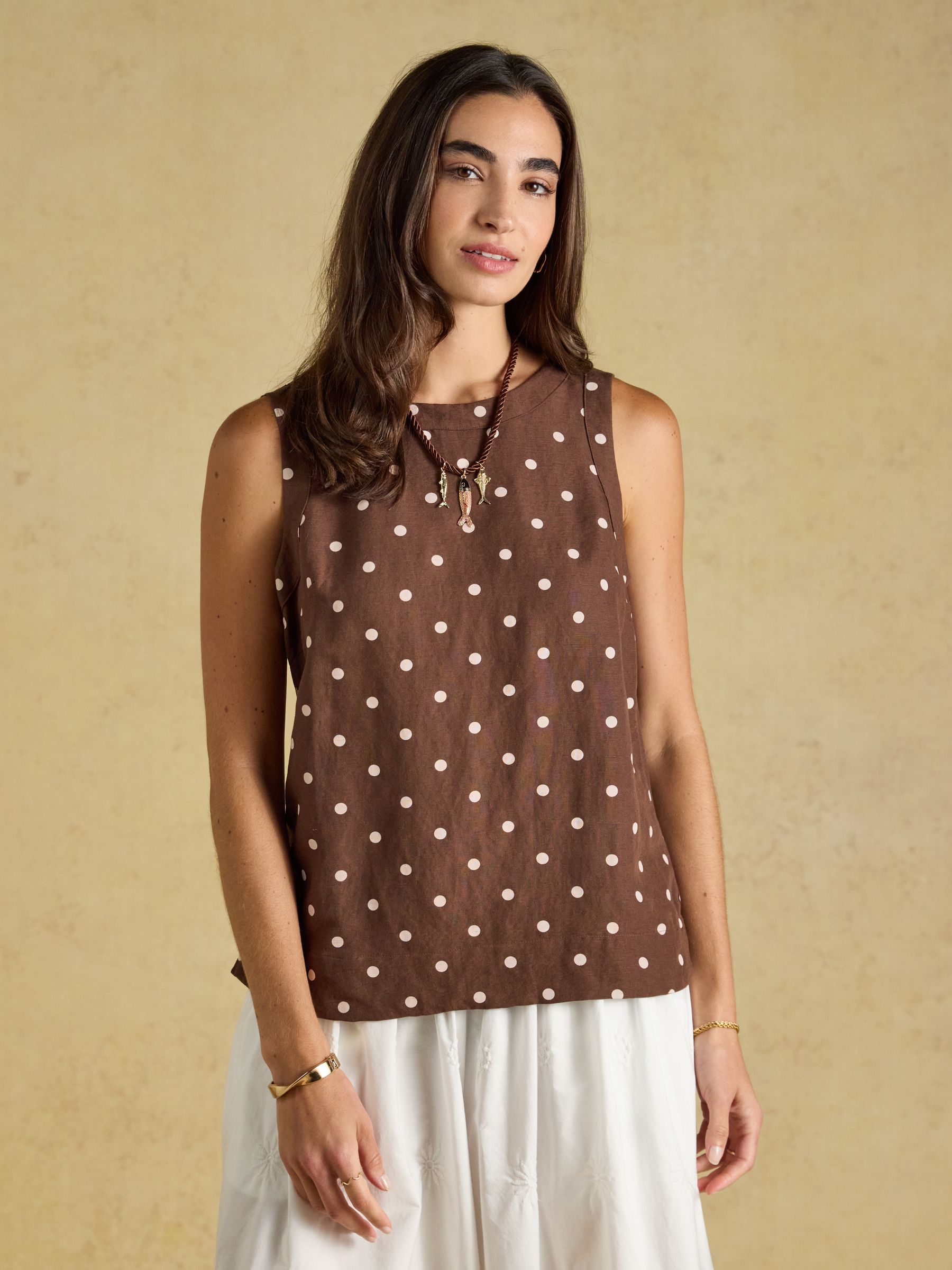 Cove Brown Spot Round Neck Sleeveless Top with Linen