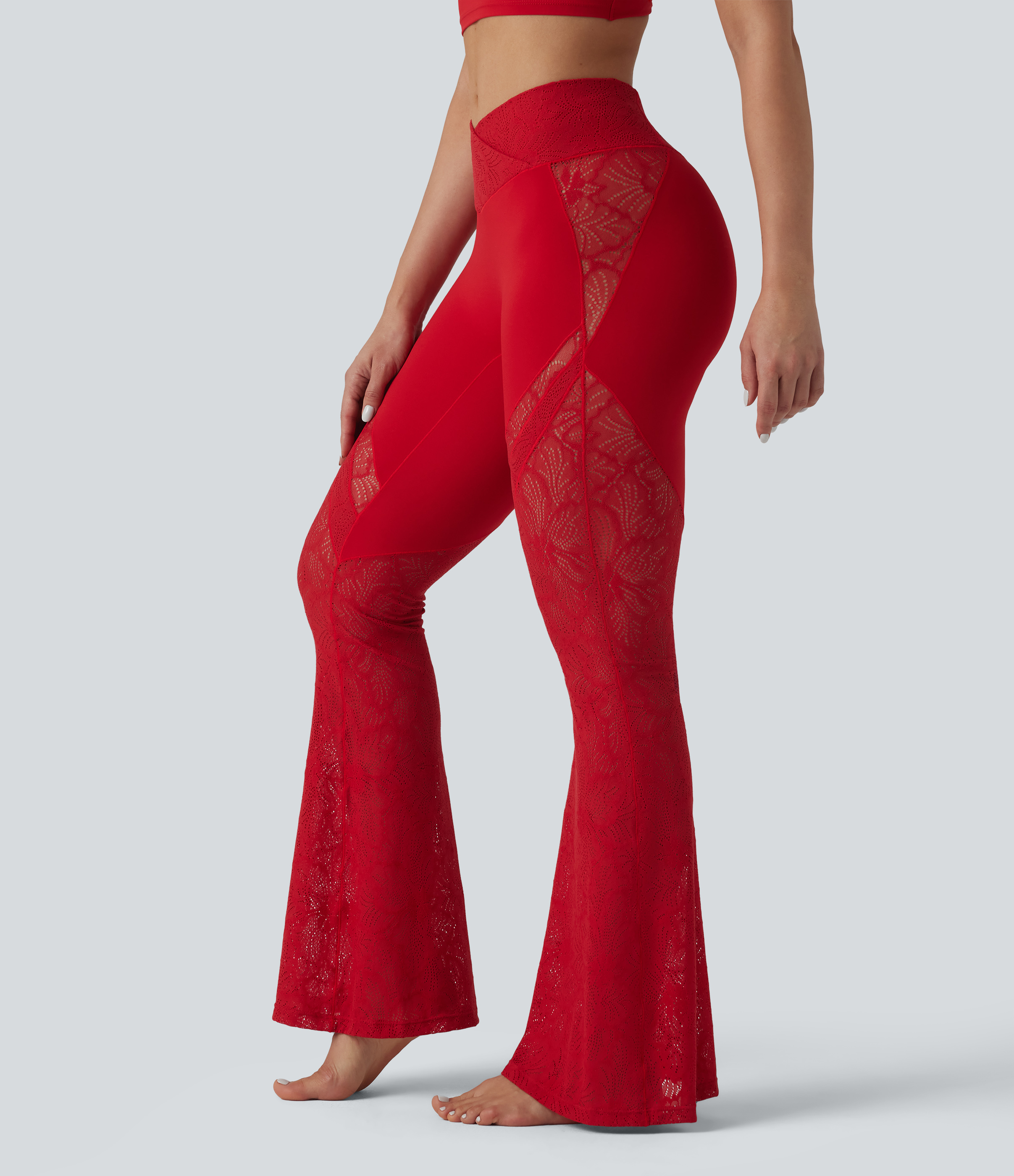 SoftlyZero™ High Waisted Crossover Pocket Contrast Lace Flare Yoga Leggings  - Salsa
