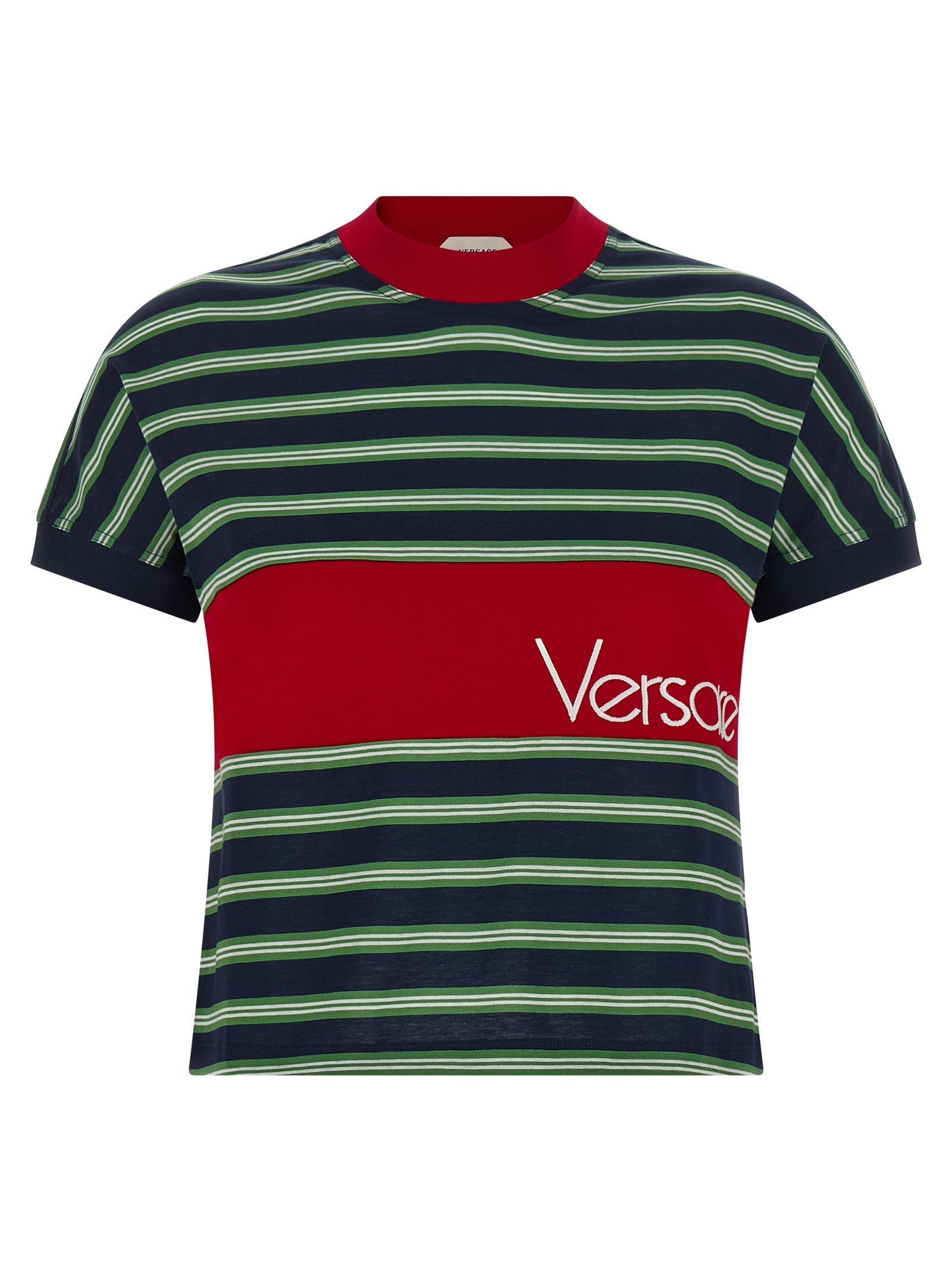 Striped Cotton with Logo Intarsia T-Shirt — Multicolor