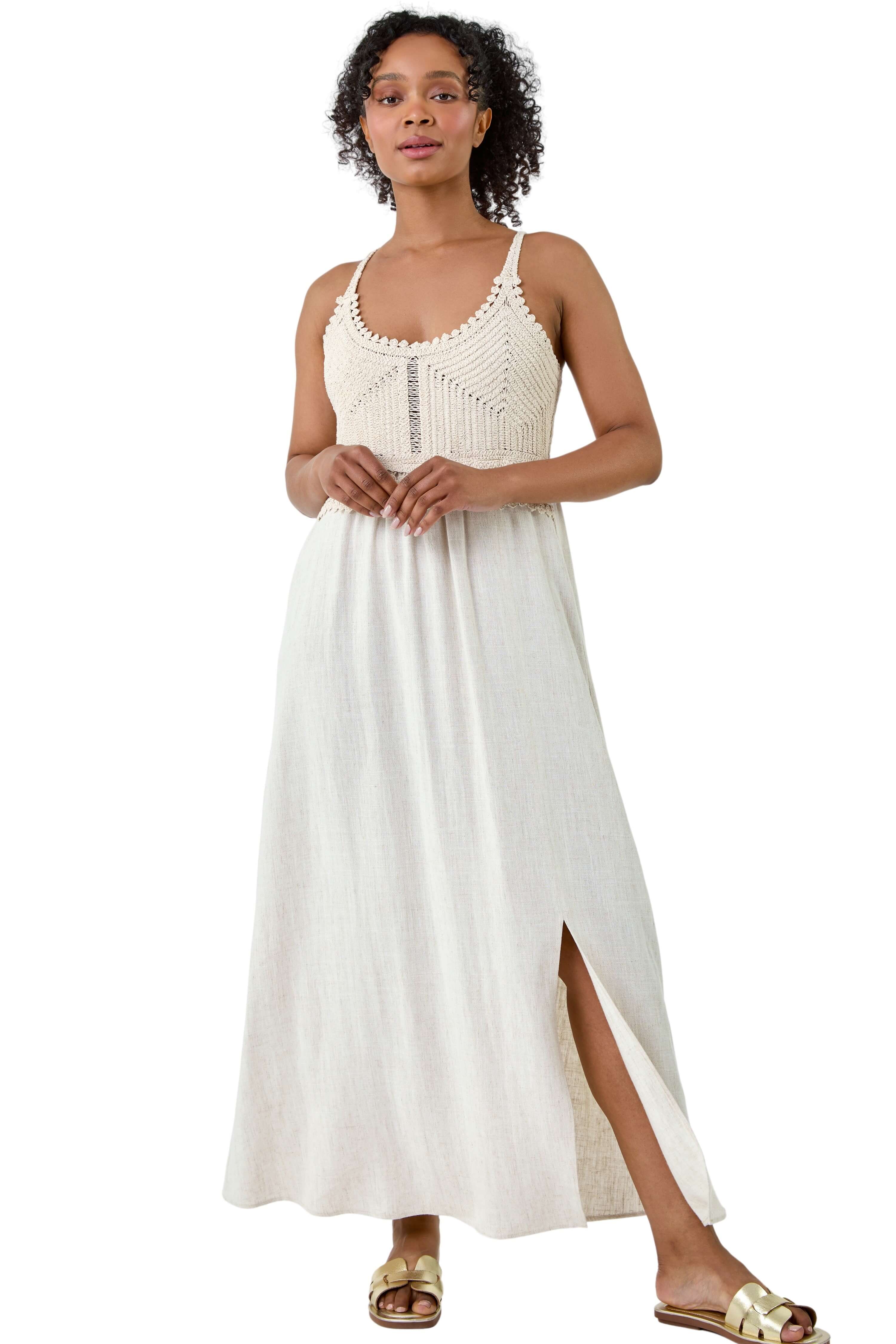 Roman Womens Petite Crochet Bodice Cotton Maxi Dress - Crea