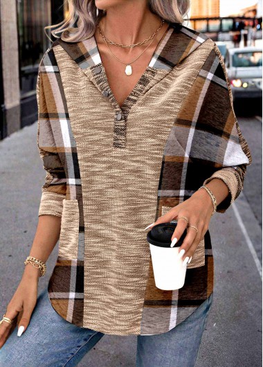 Modlily Dark Coffee Patchwork Plaid Long Sleeve Hoodie