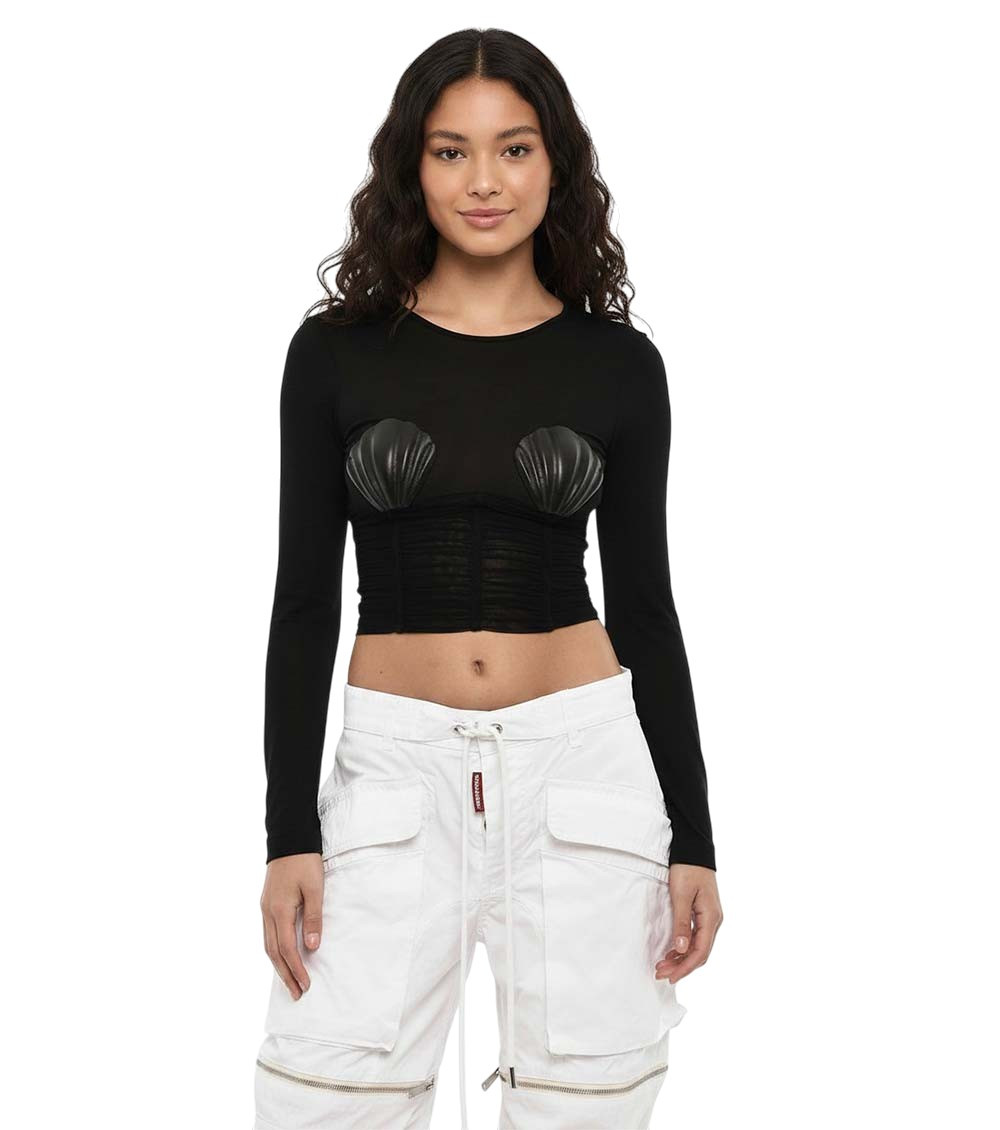 Black Embellished Crew Neck Top