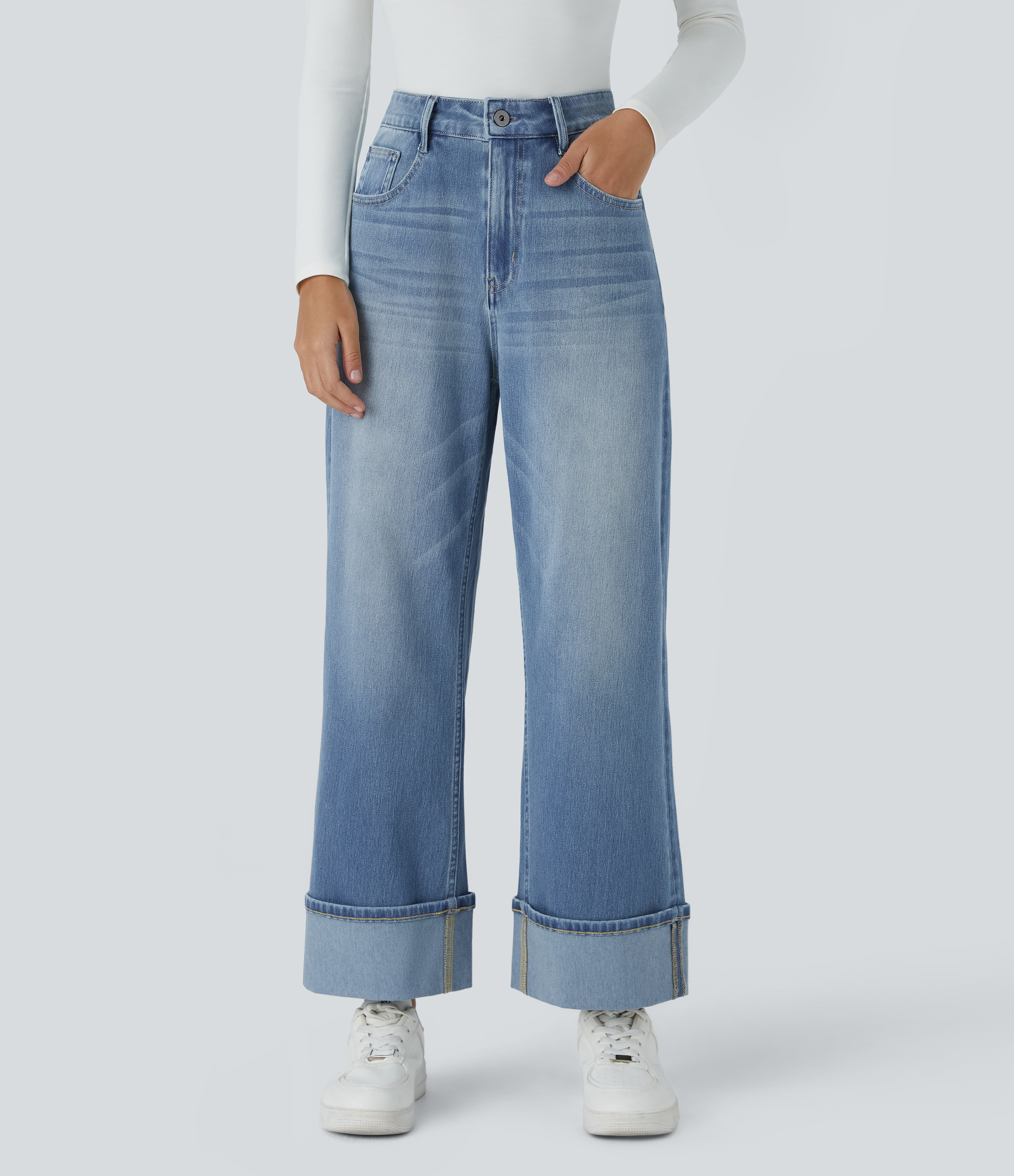 Flex™ High Waisted Pockets Rolled Hem Wide Leg Washed Casual Jeans  - Sea Blue Denim