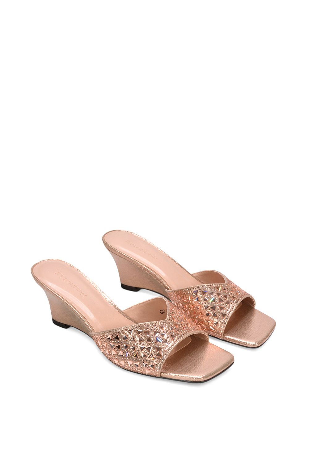 XY London Women's 'Georgia' Wedge Heel Diamante Square Peep Toe Heeled Mule Sandals in Rose Gold