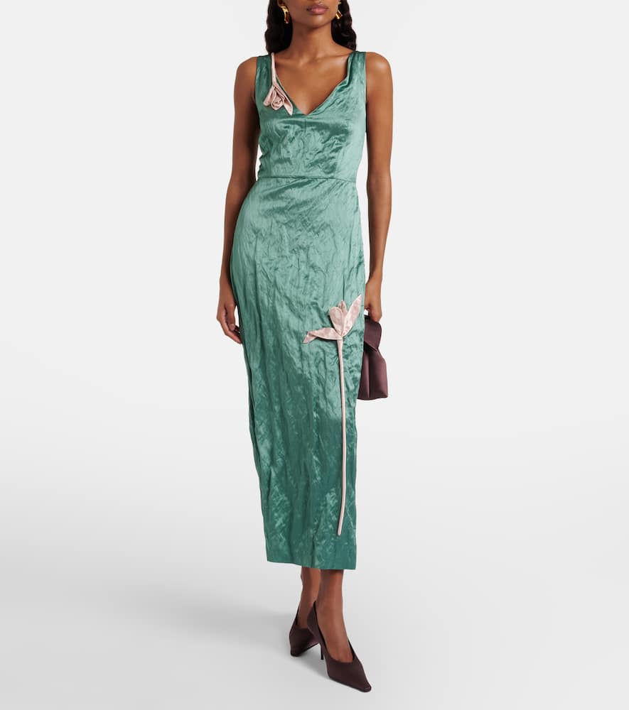 Floral-appliqué satin midi dress