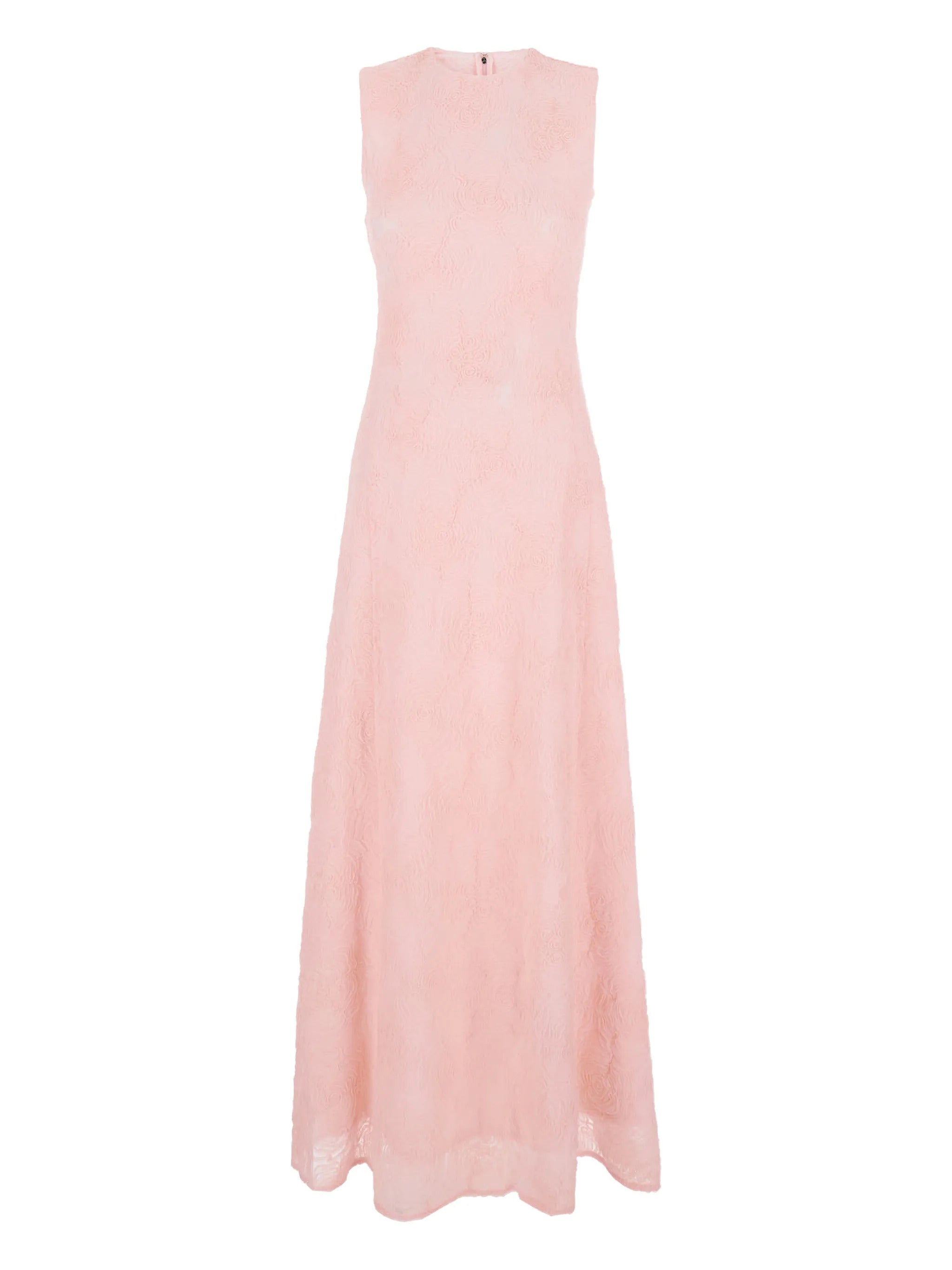 Long Dress of Frilled Mesh with a Tone-on-tone Floral Pattern