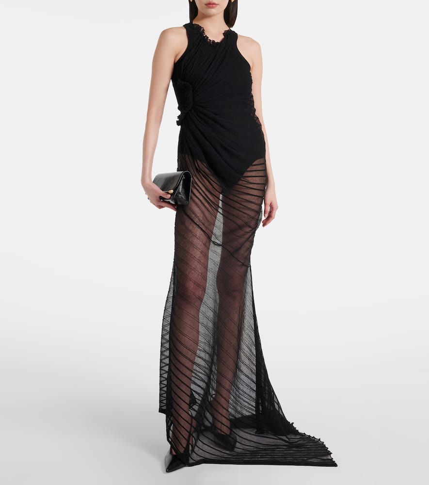 Gathered sheer tulle maxi dress