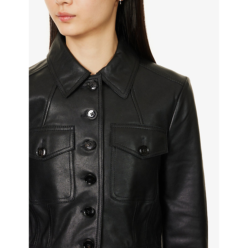 Womens Black Flap-pocket Regular-fit Leather Jacket