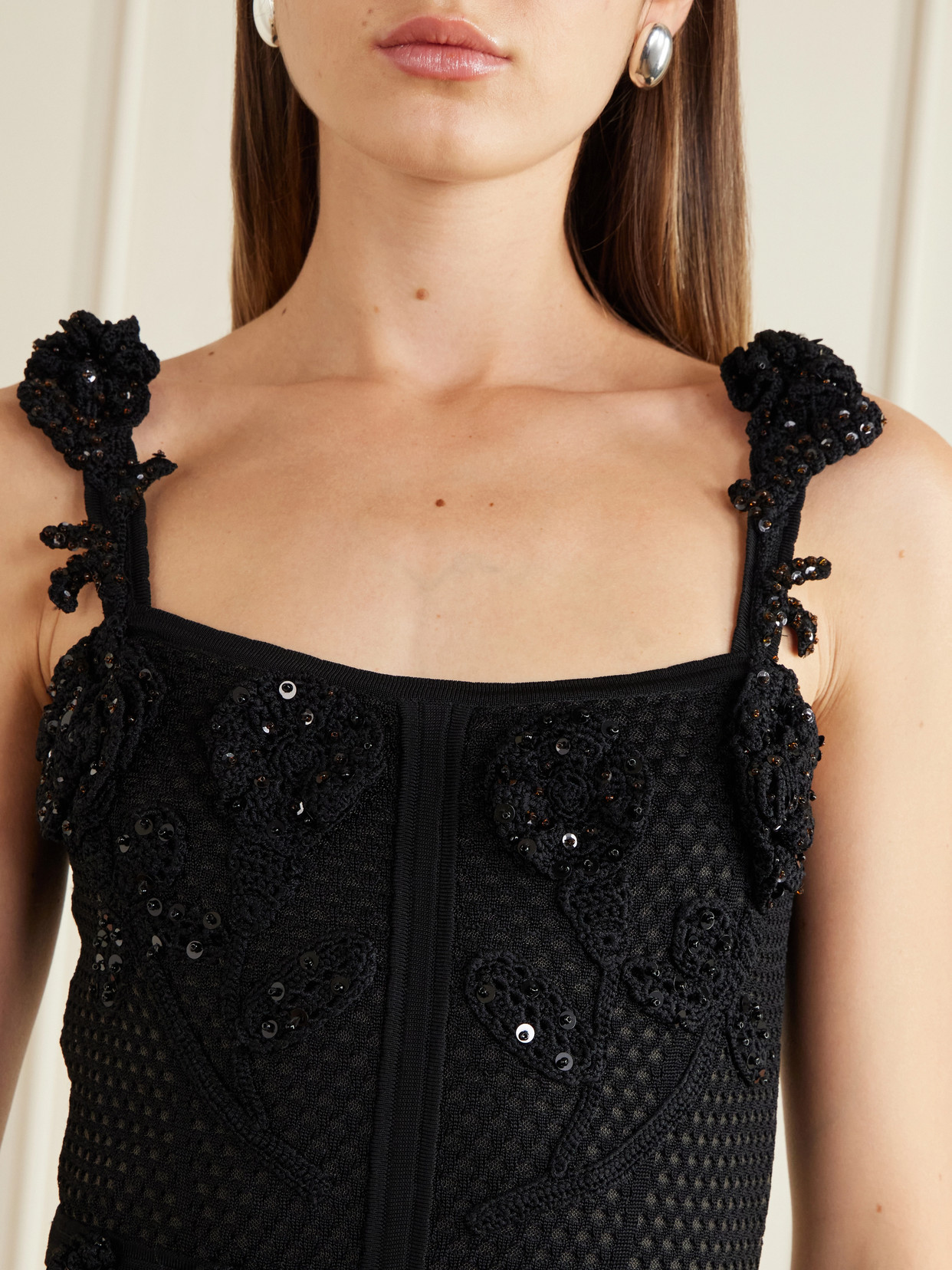 Embellished Crocheted Midi Dress - Black