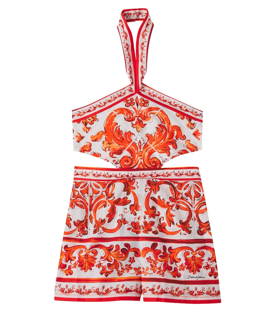 Printed halterneck cotton poplin playsuit