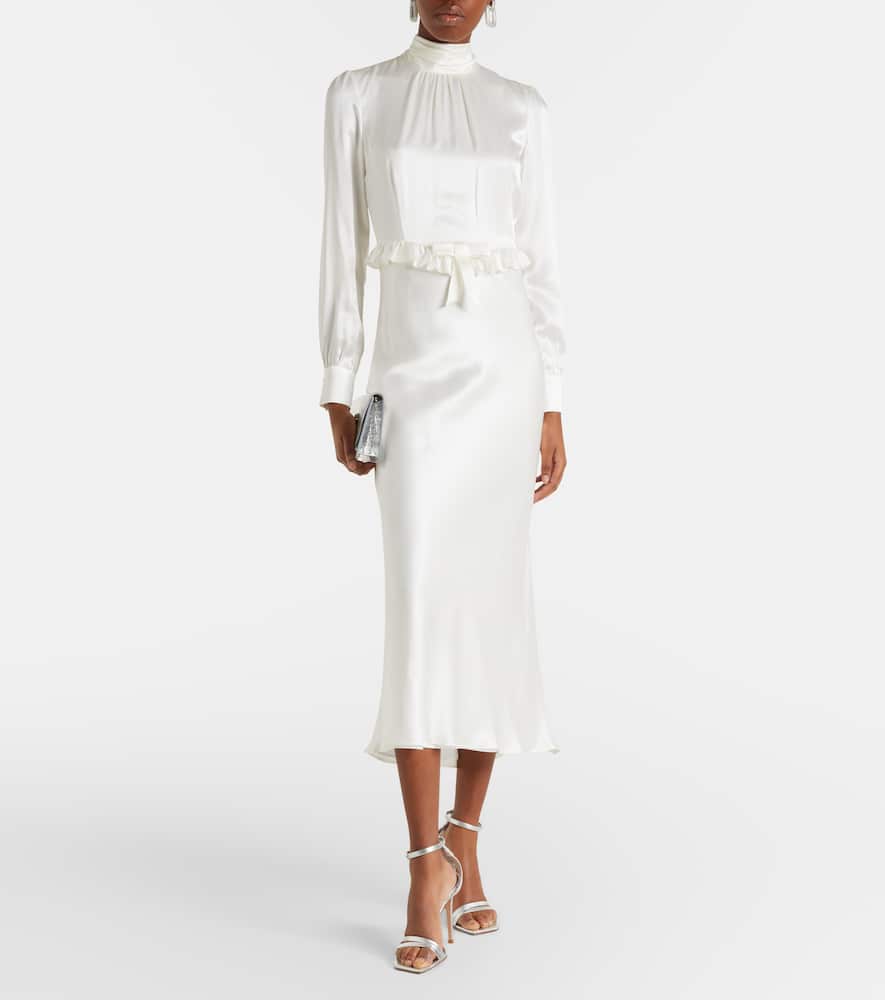 Bow-detail ruffled silk satin midi dress