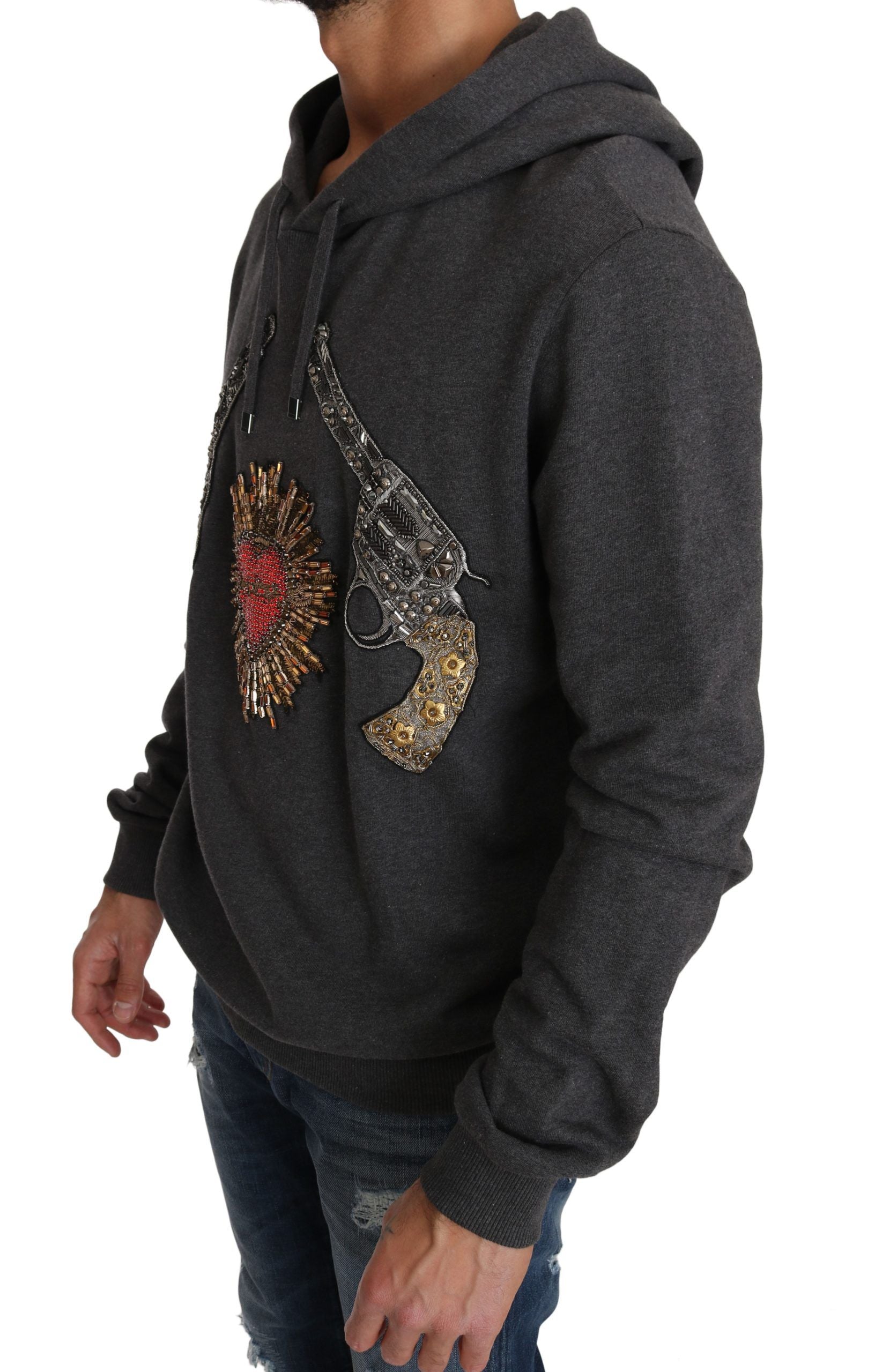 Embroidered Heart and Gun Motif Hoodie — Gray