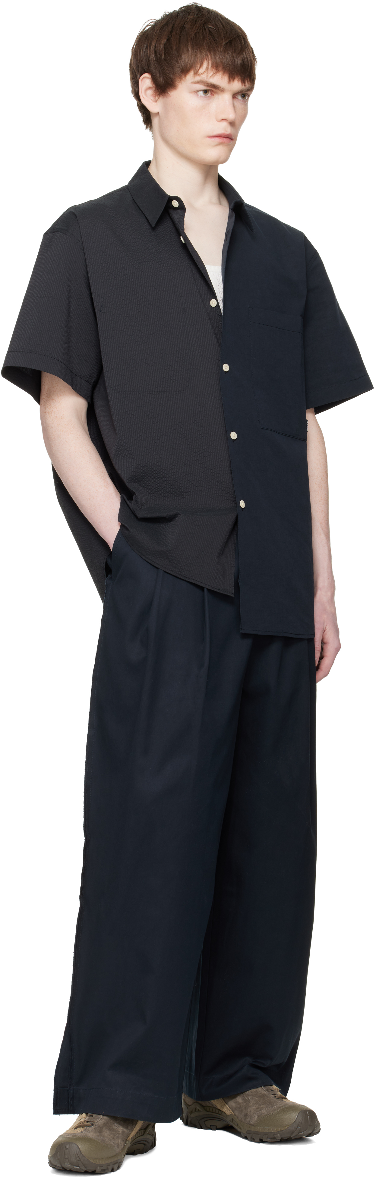 Navy Split Short Sleeve Seersucker Shirt