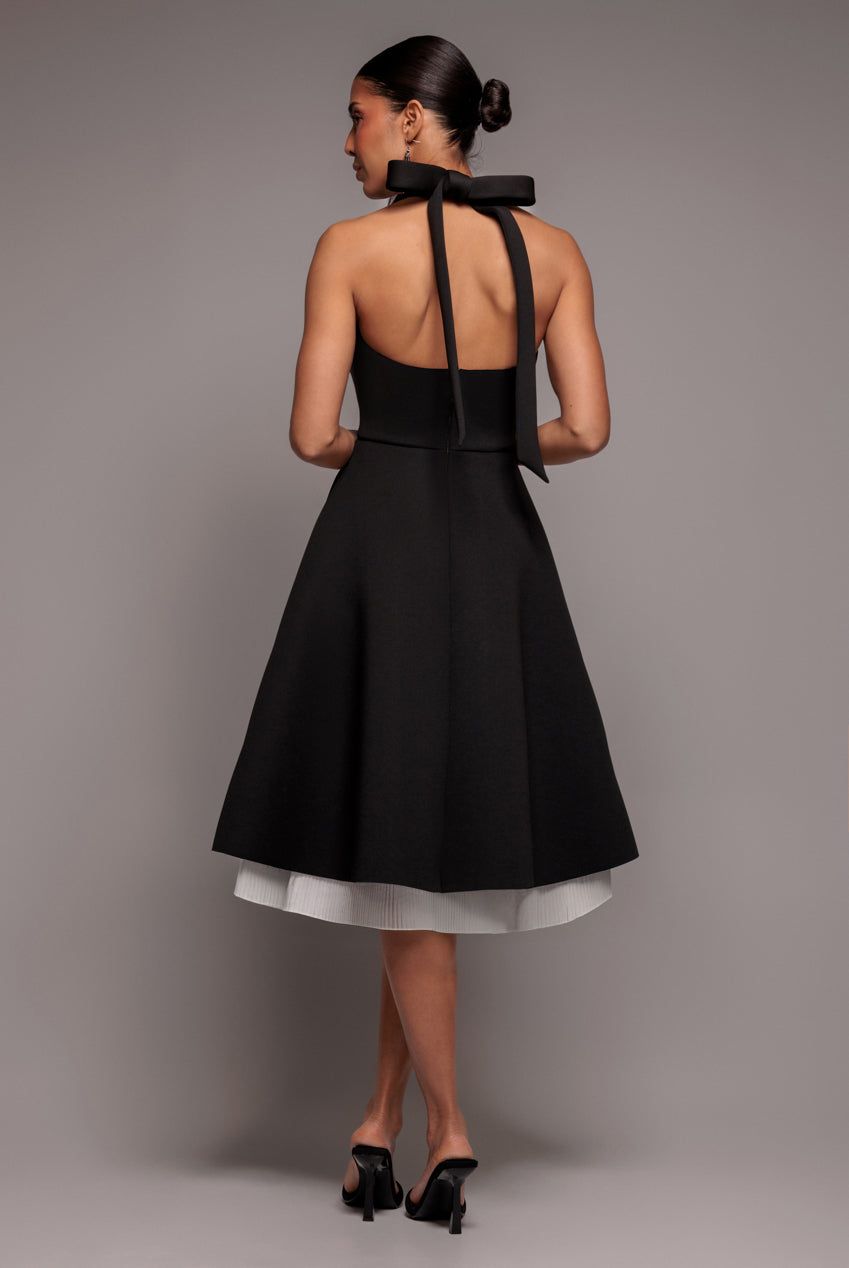 Goddiva Women's Contrast Organza Frill Bow Back Halter Midi Dress in Black