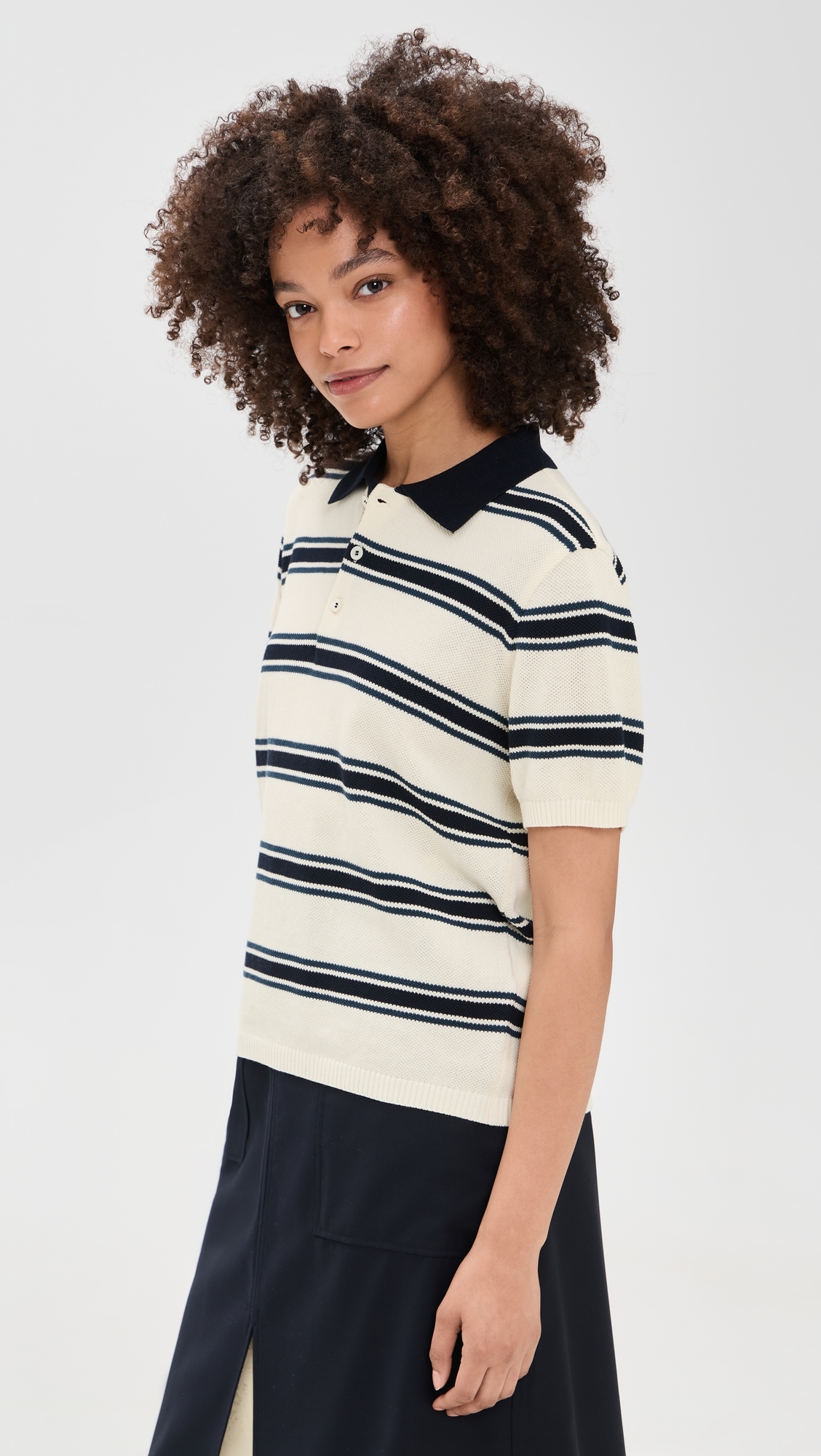 Unisex Multi Striped Polo Knit Cream/Navy