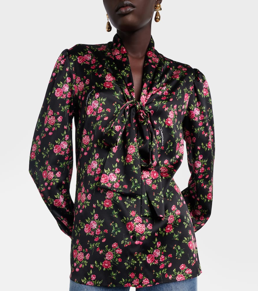 Floral tie-neck silk-blend satin blouse