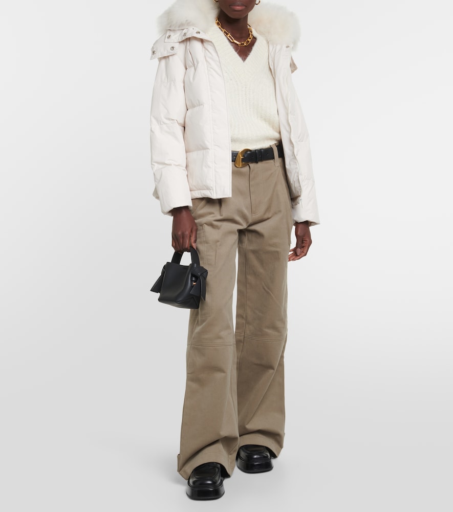Belted shearling-trimmed down jacket