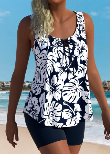 Modlily Tummy Coverage Mid Waisted Tropical Plants Print Tankini Set