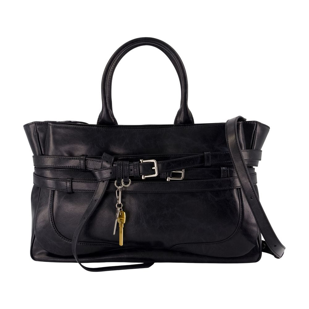Belted Leather Top Handle Bag — Black