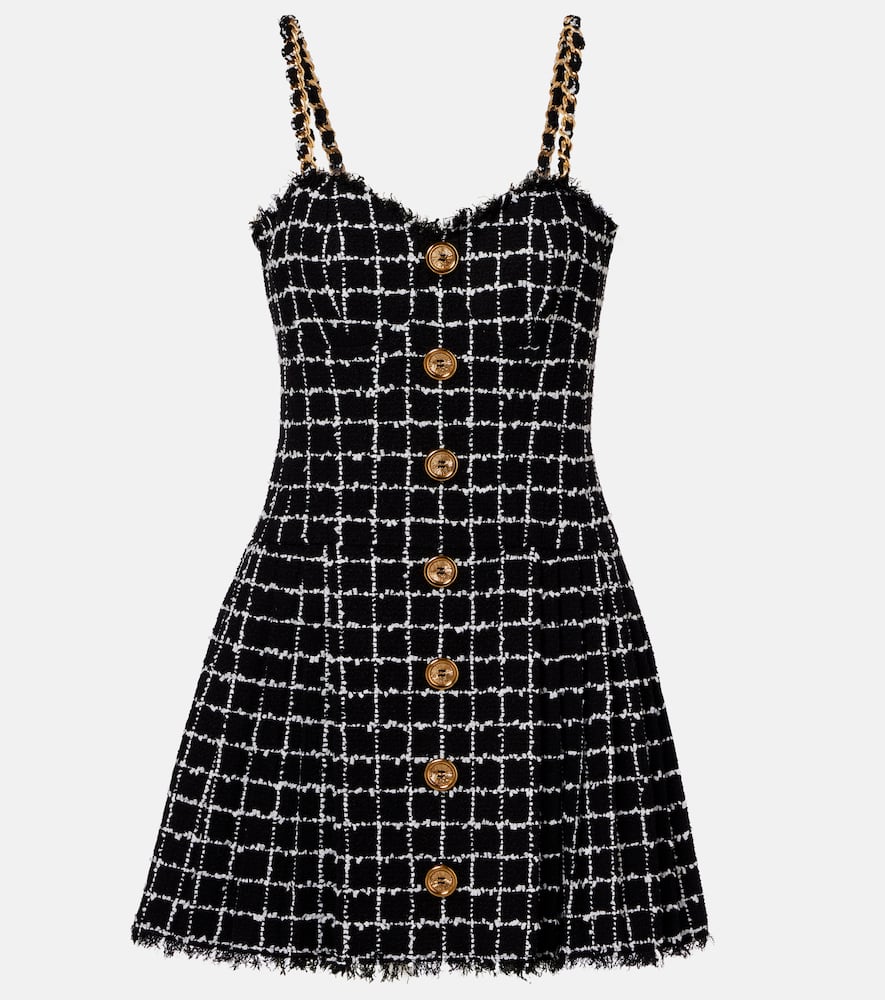 Chain-detail checked tweed minidress