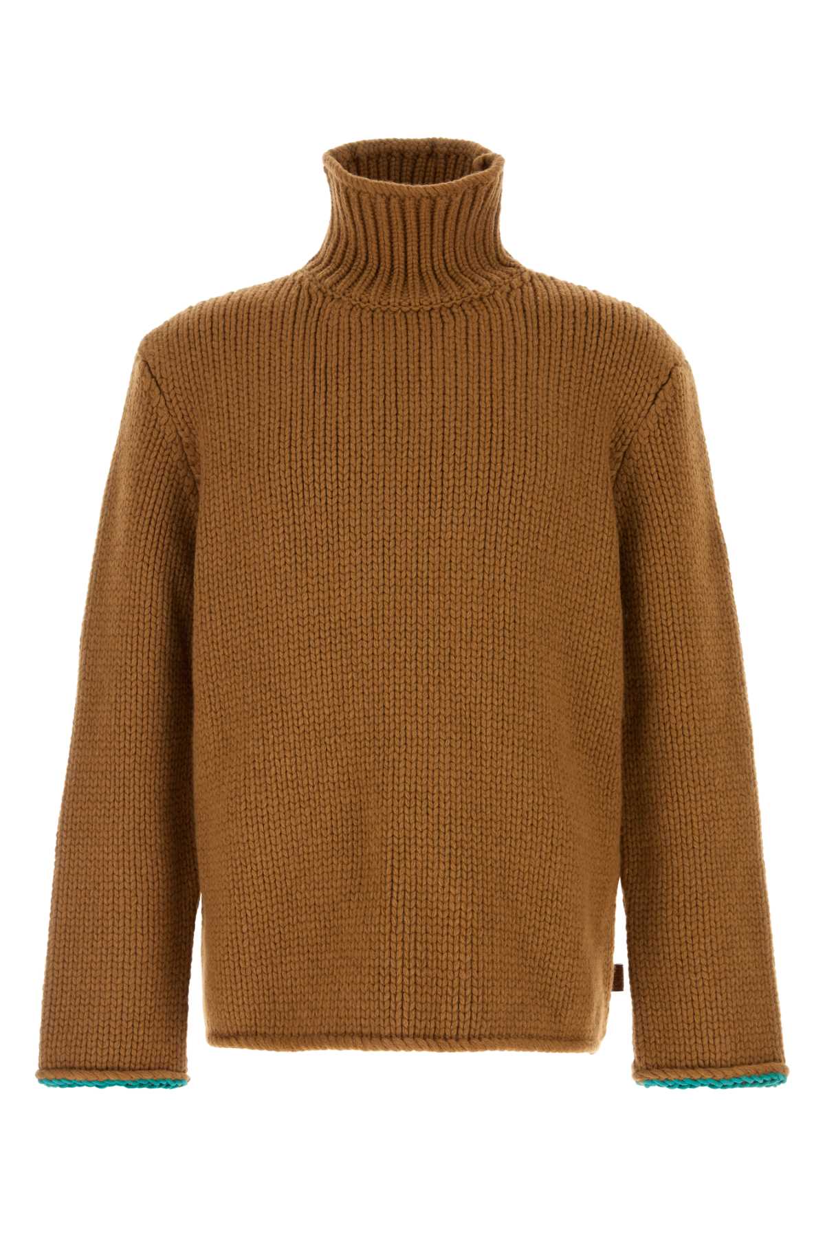 Ribbed Wool Turtleneck Sweater — Tan