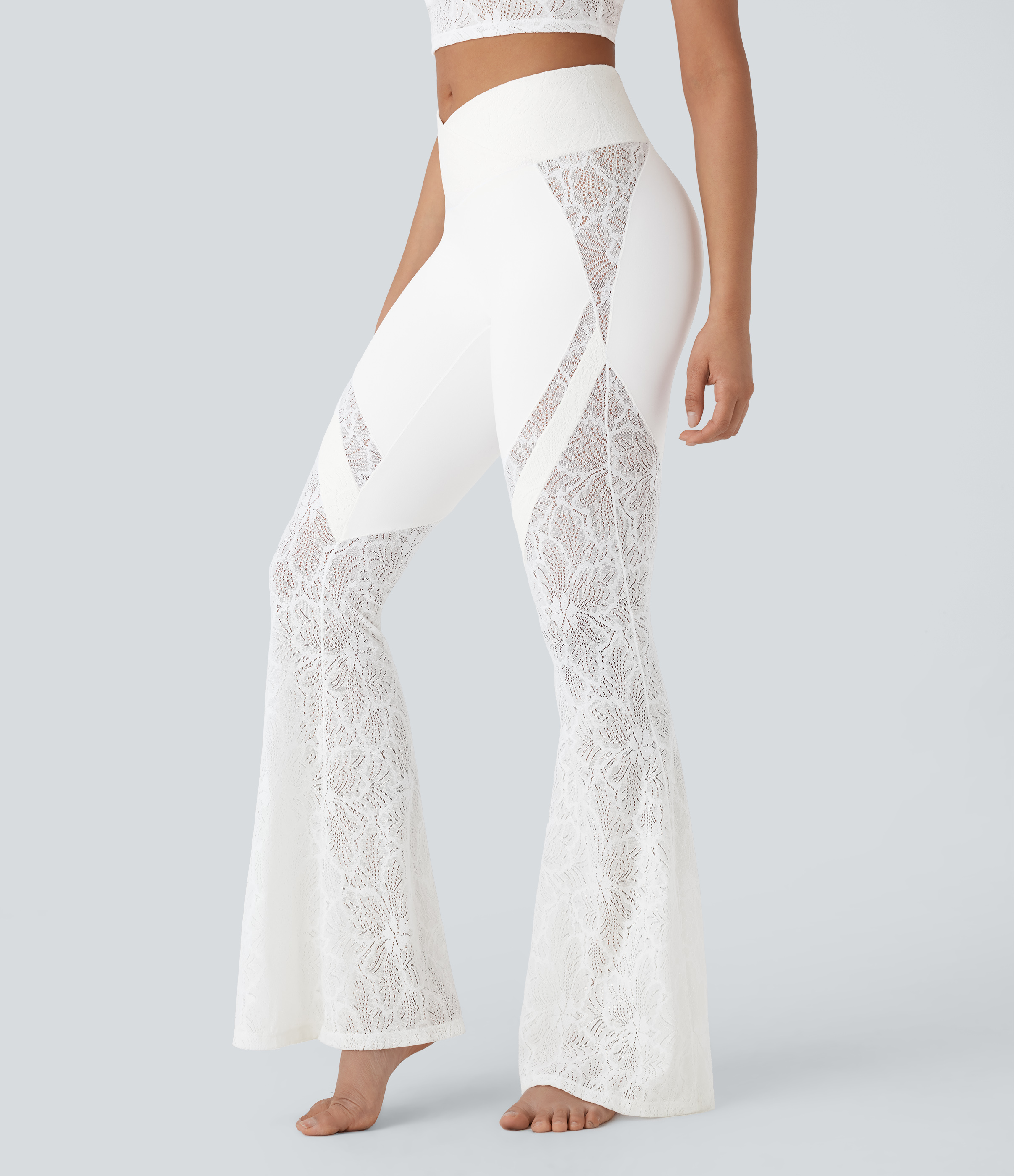 SoftlyZero™ High Waisted Crossover Pocket Contrast Lace Flare Yoga Leggings  - White