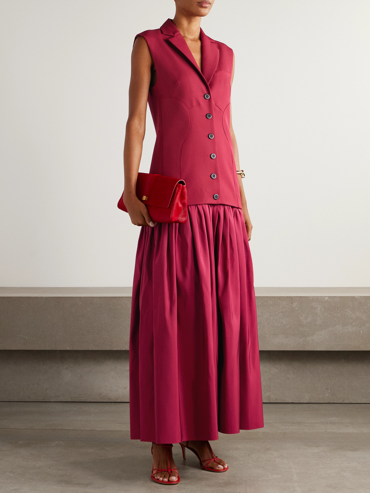 Convertible Wool-twill And Silk-faille Maxi Dress - Red