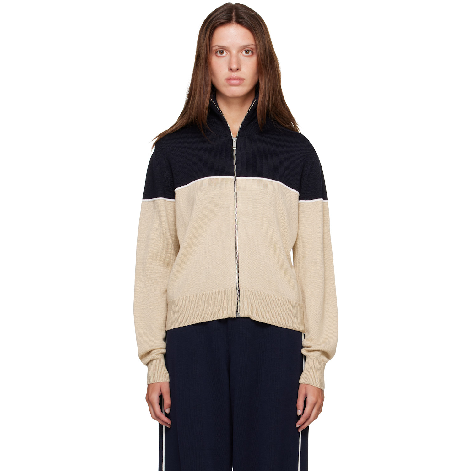 Off-White & Navy Extrafine Merino Wool Sporty Cardigan