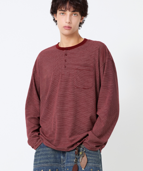 Thin Stripe Pocket Henry Neck Long Sleeve_4color