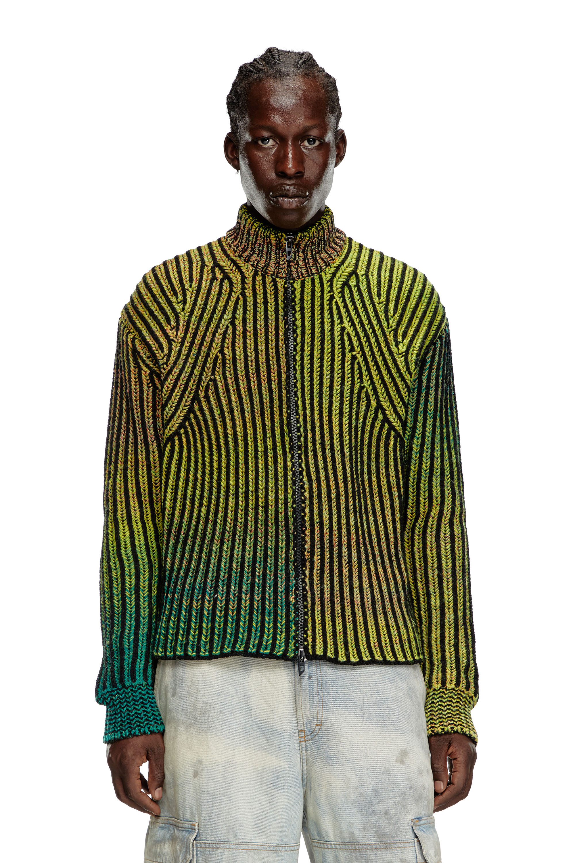 Striped ribbed zip-up cardigan