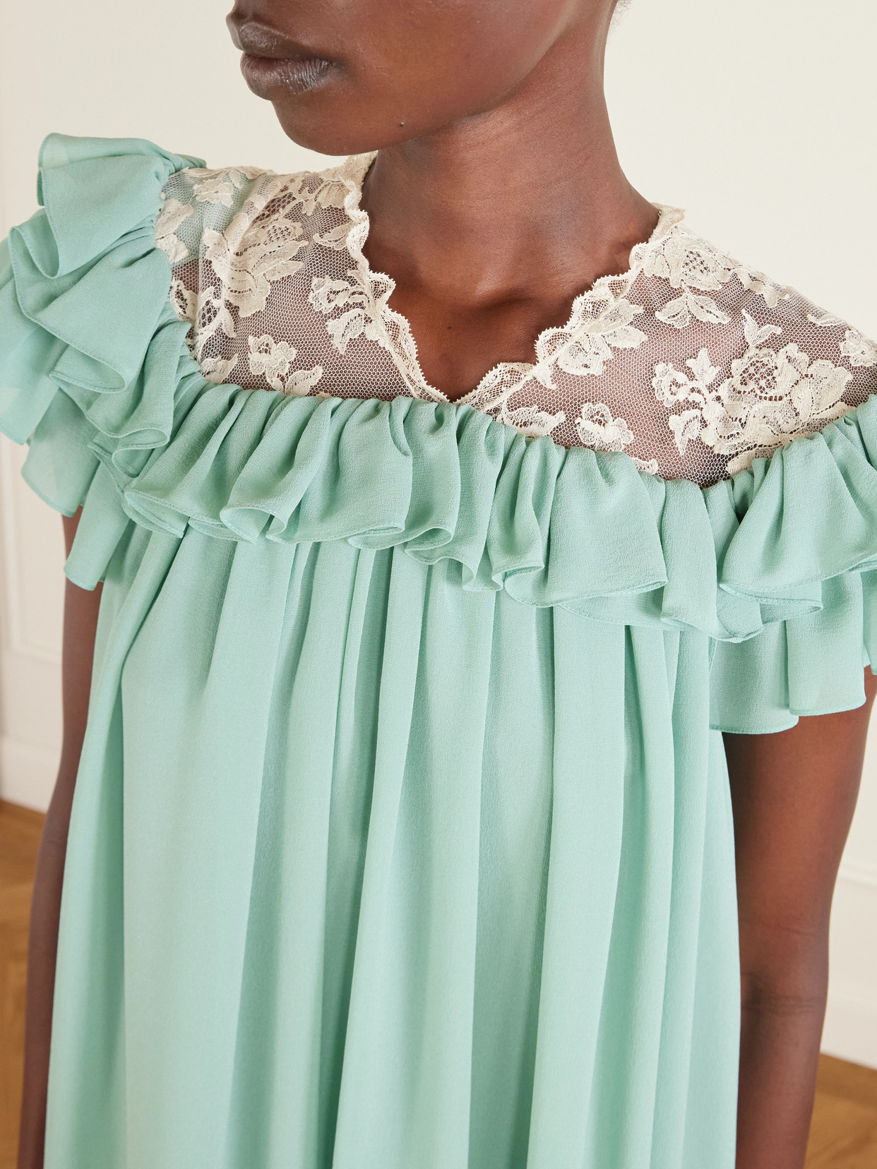 Ruffled Lace-trimmed Silk Georgette Mini Dress - Green